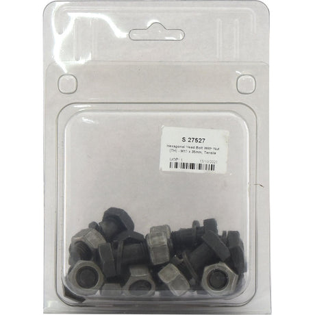 A clear plastic clamshell package labeled "M12 x 35mm" contains multiple high-quality hexagonal head bolts with nuts from Sparex, known for their dependable performance thanks to a tensile strength of 8.8. This Agripak includes 12 pieces and is listed under Sparex Part No.S.27527.