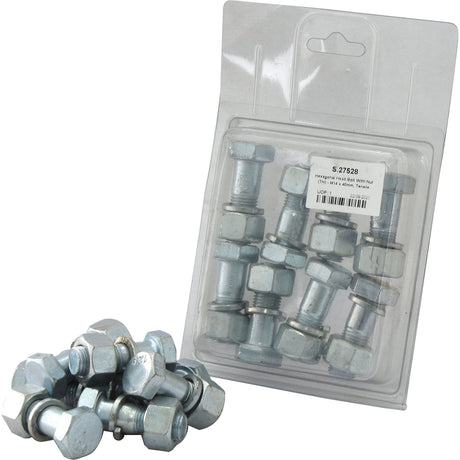 A pack of Sparex Hexagonal Head Bolts With Nuts (TH) - M14x40mm, Tensile Strength 12.9 (8 pcs. Agripak) is displayed in its retail packaging next to a small pile of loose M14x40mm hex bolts and nuts, all set against a pristine white background.