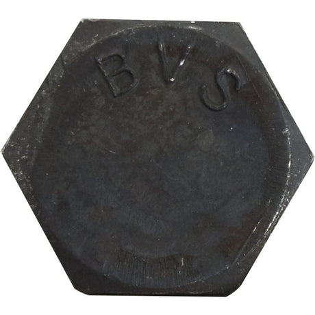 Close-up of a hexagonal black metal nut engraved with the letters "BVS," paired with a Sparex Hexagonal Head Bolt With Nut (TH) - M14x40mm, boasting a tensile strength of 12.9, part of the Sparex Part No.S.27528 set available in an 8-piece Agripak.