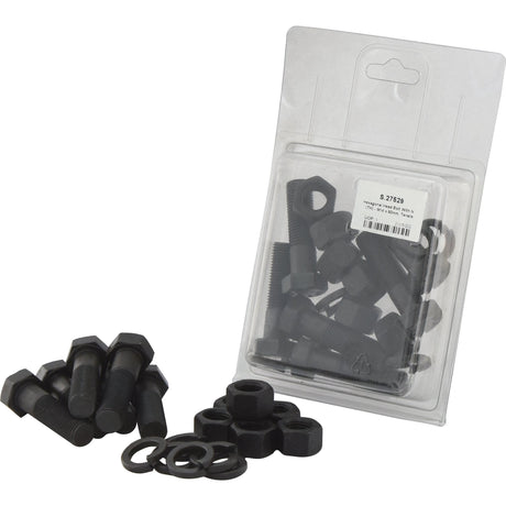 A clear plastic container with a labeled lid holds a pack of M14x50mm Hexagonal Head Bolts with nuts and washers from Sparex, featuring items in black. Some components are laid next to the packaging, demonstrating the set's tensile strength of 12.9. The product is known as Hexagonal Head Bolt With Nut (TH) - M14x50mm, Tensile Strength 12.9 (6 pcs. Agripak) from Sparex, identified by Sparex Part No.S.27529.