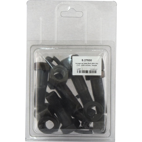 A plastic package labeled "Sparex Part No. S.27530 Hexagonal Head Bolt With Nut (TH)," containing hexagonal head bolts with nuts, displays details on product specifications, including M16x47mm size and tensile strength 10.9, as well as packaging information for 6 pieces in an Agripak.