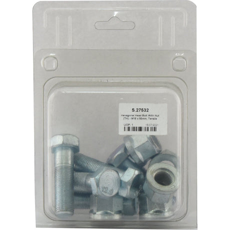 Hexagonal Head Bolt With Nut (TH) - M16x55mm, featuring a tensile strength of 12.9, conveniently packaged in a durable Agripak (5 pcs.), Sparex Part No.S.27532.