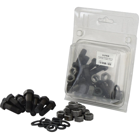 A package of black screws, nuts, and washers is shown, with some pieces outside the packaging. Featured prominently is an M11.1x35mm Hexagonal Head Bolt With Nut (TH) from Sparex, boasting a tensile strength of 12.9 for robust construction projects. This product is available as Sparex Part No.S.27535 and comes in a 12-piece Agripak set.