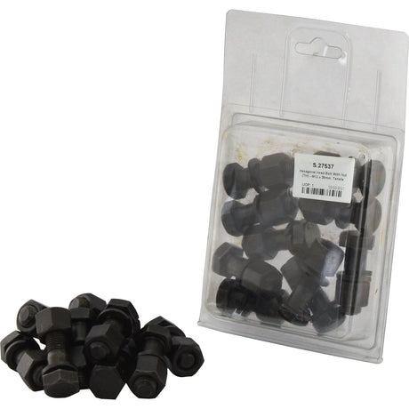 A plastic package from Sparex, labeled as "Hexagonal Head Bolt With Nut (TH) - M12x38mm, Tensile strength 12.9 (10 pcs. Agripak) | Sparex Part No.S.27537", contains several black hex nuts and bolts, with additional nuts and bolts scattered in front of the package.