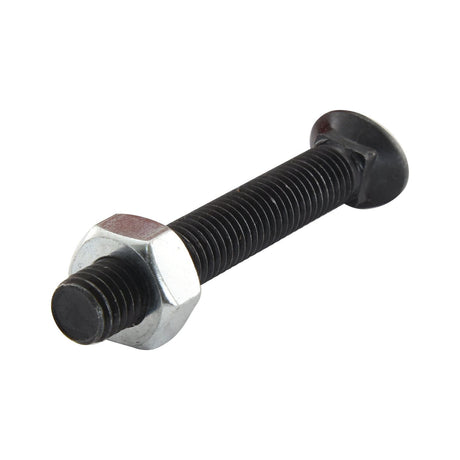 An Oval Head Bolt Square Collar with Nut (TOCC) - M8 x 35mm from Sparex, featuring a black metric bolt with a square collar and an oval, flat head, along with a visible thread along most of its length. It also includes a silver hex nut and comes in packs of 10 pieces (Sparex Part No.S.27538), boasting a tensile strength of 8.8.