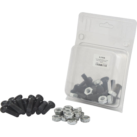 A pack of Sparex Oval Head Bolt Square Collar With Nut (TOCC) - M10 x 38mm, Tensile strength 8.8 (15 pcs. Agripak) is displayed, with some loose bolts and nuts placed next to it on a white background, featuring a sleek self color finish.