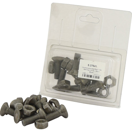 The Sparex Agripak containing Countersunk Head Bolt 1 Nib With Nut (TF1E) features multiple hex bolts and nuts, including M10 x 30mm countersunk head bolts, scattered alongside additional nuts and bolts. The plastic package sports a white label detailing the tensile strength of 8.8 and is identified by Sparex Part No. S.27541.
