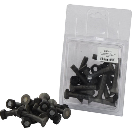 A clear plastic package labeled "Countersunk Head Bolt 1 Nib With Nut (TF1E) - M10 x 45mm, Tensile strength 8.8 (14 pcs. Agripak)" from Sparex contains multiple black bolts with separate nuts. Several bolts and nuts are also displayed outside the package, each boasting a tensile strength of 8.8.