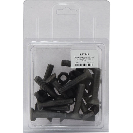 A clear plastic package containing metal countersunk head bolts with nuts is labeled with product details, including Sparex Part No. S.27544 and a tensile strength of 8.8, described as Countersunk Head Bolt 1 Nib With Nut (TF1E) - M10 x 45mm (14 pcs. Agripak).