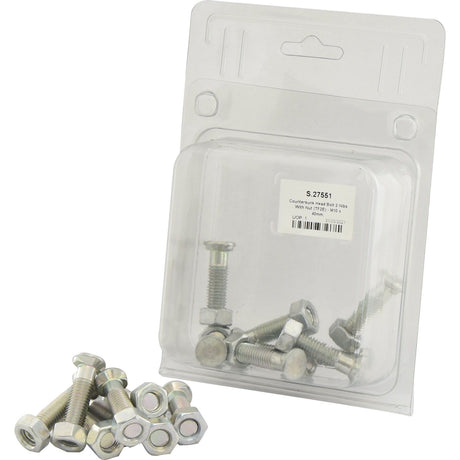 A package of Countersunk Head Bolt 2 Nibs With Nut (TF2E) - M10 x 40mm with tensile strength 8.8 from the Sparex brand, labeled "S.27551," contains some bolts and nuts placed outside the packaging.