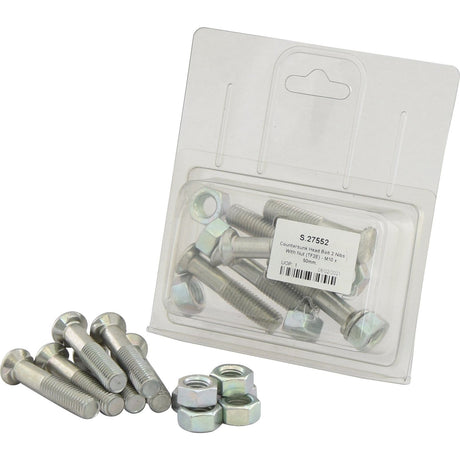 A package containing several zinc-plated Countersunk Head Bolt 2 Nibs With Nut (TF2E) M10 x 50mm bolts and nuts, with additional bolts and nuts displayed in front. The package label shows the Sparex Part No. S.27552, ensuring tensile strength 8.8.