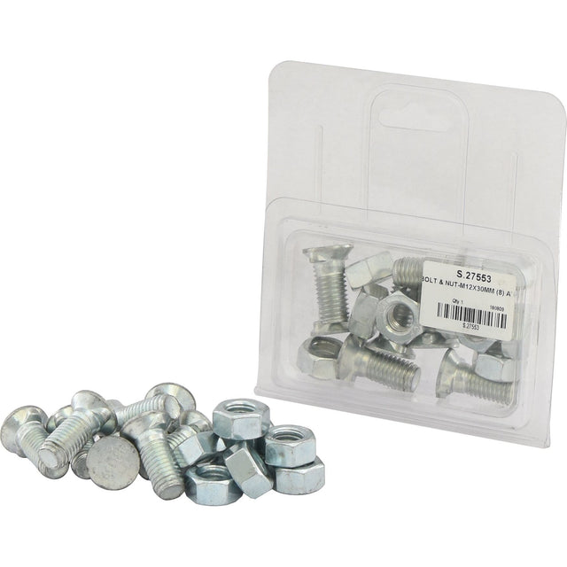 A blister pack containing Sparex Countersunk Head Bolt 2 Nibs With Nut (TF2E) - M12 x 30mm, Tensile strength 8.8 (8 pcs. Agripak), with additional M12 x 30mm bolts and nuts spread out beside it.