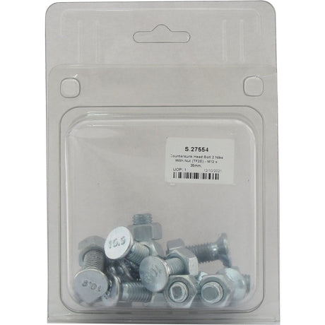 A clear plastic blister pack labeled "Countersunk Head Bolt 2 Nibs With Nut (TF2E) - M12 x 35mm, Tensile strength 8.8 (12 pcs. Agripak)" from Sparex, containing several silver hex bolts and nuts, including M12 x 35mm countersunk head bolts, with specifications such as size, quantity, and tensile strength 8.8 indicated on the packaging.