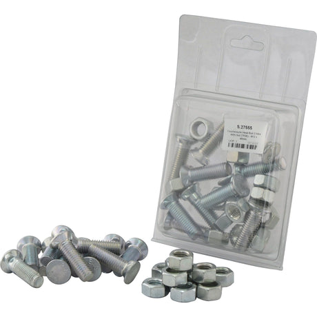 A pile of Sparex zinc-plated bolts and nuts next to a clear plastic package containing more Countersunk Head Bolt 2 Nibs With Nut (TF2E) - M12 x 40mm with tensile strength 8.8 (Sparex Part No.S.27555).