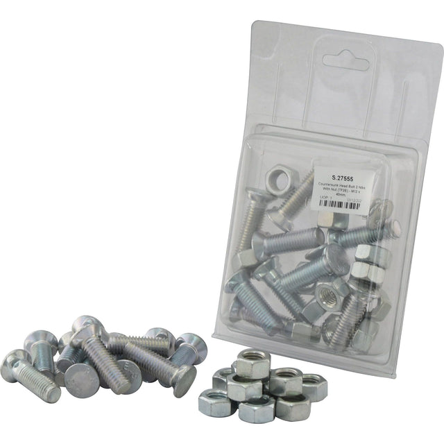 A pile of Sparex zinc-plated bolts and nuts next to a clear plastic package containing more Countersunk Head Bolt 2 Nibs With Nut (TF2E) - M12 x 40mm with tensile strength 8.8 (Sparex Part No.S.27555).