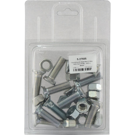 A clear plastic package from Sparex containing eight pairs of M12 x 40mm zinc-plated countersunk head bolts and nuts, with a tensile strength of 8.8, labeled as Sparex Part No.S.27555.