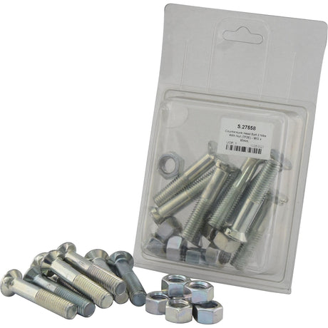 The Countersunk Head Bolt 2 Nibs With Nut (TF2E) - M12 x 60mm from Sparex, renowned for its tensile strength of 8.8, offers reliable durability. It comes as an 8-piece set packaged in a clear plastic bag (Sparex Part No.S.27558).