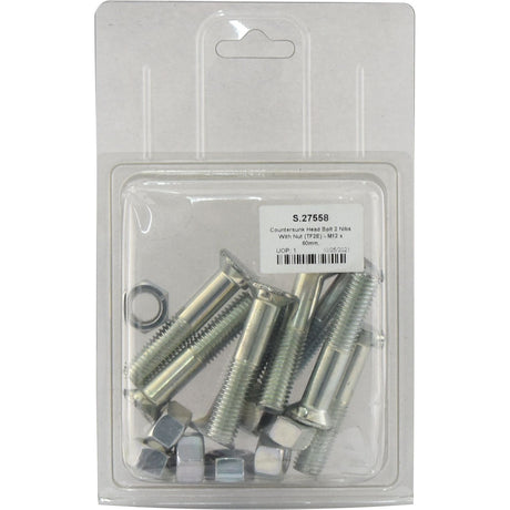 A clear plastic package containing eight zinc plated metal bolts and nuts with a label indicating "Countersunk Head Bolt 2 Nibs With Nut (TF2E) - M12 x 60mm, Tensile strength 8.8 (8 pcs. Agripak)," Sparex Part No. S.27558 with the brand name "Sparex.