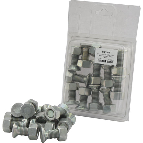 A package of Sparex Countersunk Head Bolt 2 Nibs With Nut (TF2E) - M14 x 35mm, alongside a scattered pile of similar zinc-plated hex bolts, all boasting a tensile strength of 8.8.