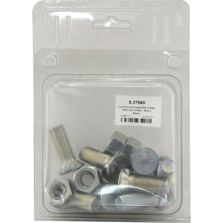 A sealed package containing a variety of screws, bolts, and nuts. The label reads "Sparex S.27560 Countersunk Head Bolt 2 Nibs With Nut (TF2E) - M14 x 40mm, Tensile strength 8.8 (10 pcs. Agripak).