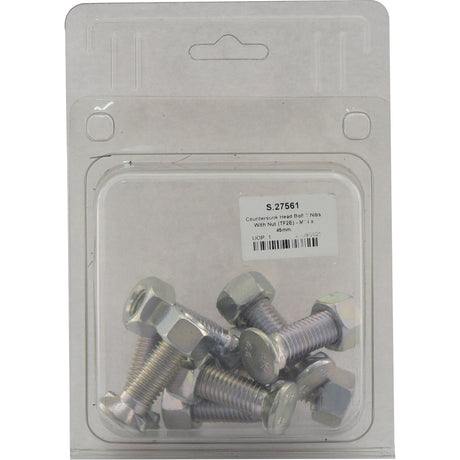 A plastic package containing several M14 x 45mm countersunk head bolts with nuts, each with a tensile strength of 8.8, and a label displaying product details including the Sparex Part No. S.27561.