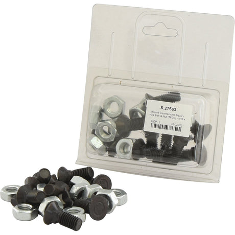 A pack of Round Countersunk Square Hex Bolts & Nuts (TFCC) - M10 x 25mm, Tensile strength 8.8 with some scattered in front of the pack. The clear plastic pack features a white label displaying product information, including the Sparex brand name and Sparex Part No. S.27563.