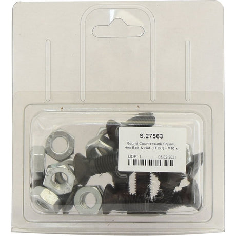 A Sparex Agripak plastic package containing 10 pieces of Round Countersunk Square Hex Bolt & Nut (TFCC), M10 x 25mm, with a tensile strength of 8.8, part number S.27563.