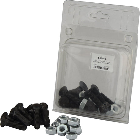 A package of Sparex Round Countersunk Square Hex Bolts & Nuts (TFCC) - M10 x 40mm, with tensile strength 8.8 (12 pcs. Agripak, Part No.S.27566), and loose nuts placed beside it on a white background.