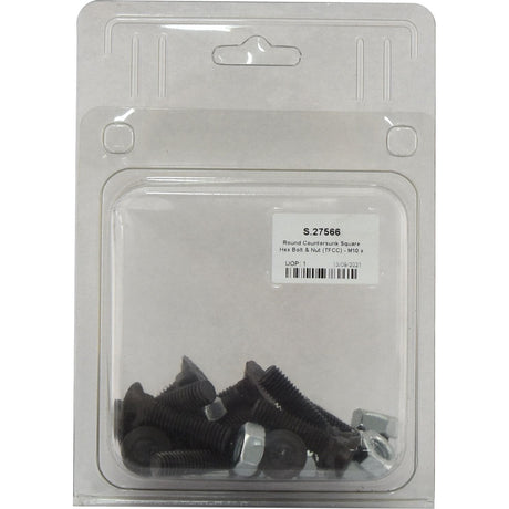 A plastic package contains a set of black bolts and silver nuts with a tensile strength of 8.8. A label on the package reads "Sparex Round Countersunk Square Hex Bolt & Nut (TFCC) - M10 x 40mm, Tensile strength 8.8 (12 pcs. Agripak) | Sparex Part No.S.27566".