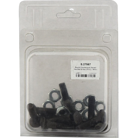 The Sparex Round Countersunk Square Hex Bolt & Nut (TFCC) - M10 x 45mm, Tensile strength 8.8 (12 pcs. Agripak), is packaged in plastic and includes several black bolts and nuts with metric threads. The front label displays product information, including the tensile strength of 8.8 and the Sparex Part No.S.27567.