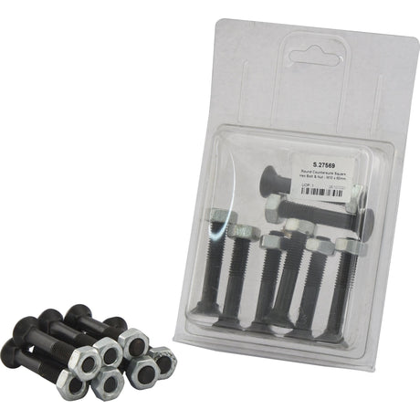 A pack of Sparex Round Countersunk Square Hex Bolt & Nut (TFCC) - M10 x 60mm with tensile strength 8.8, containing 8 pieces in clear plastic packaging under Part No. S.27569, with additional M10 x 60mm bolts and nuts placed outside the package.