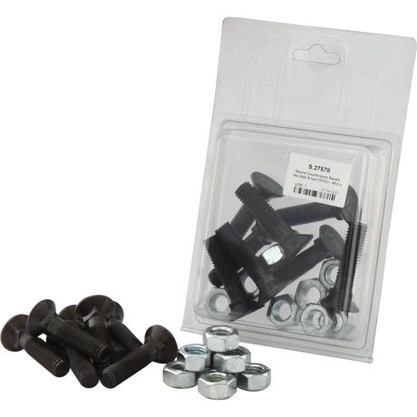 A package containing Sparex M12 x 50mm screws in black and silver nuts, including additional Round Countersunk Square Hex Bolts and nuts (TFCC) - M12 x 50mm, Tensile strength 8.8 (8 pcs. Agripak) outside the packaging.