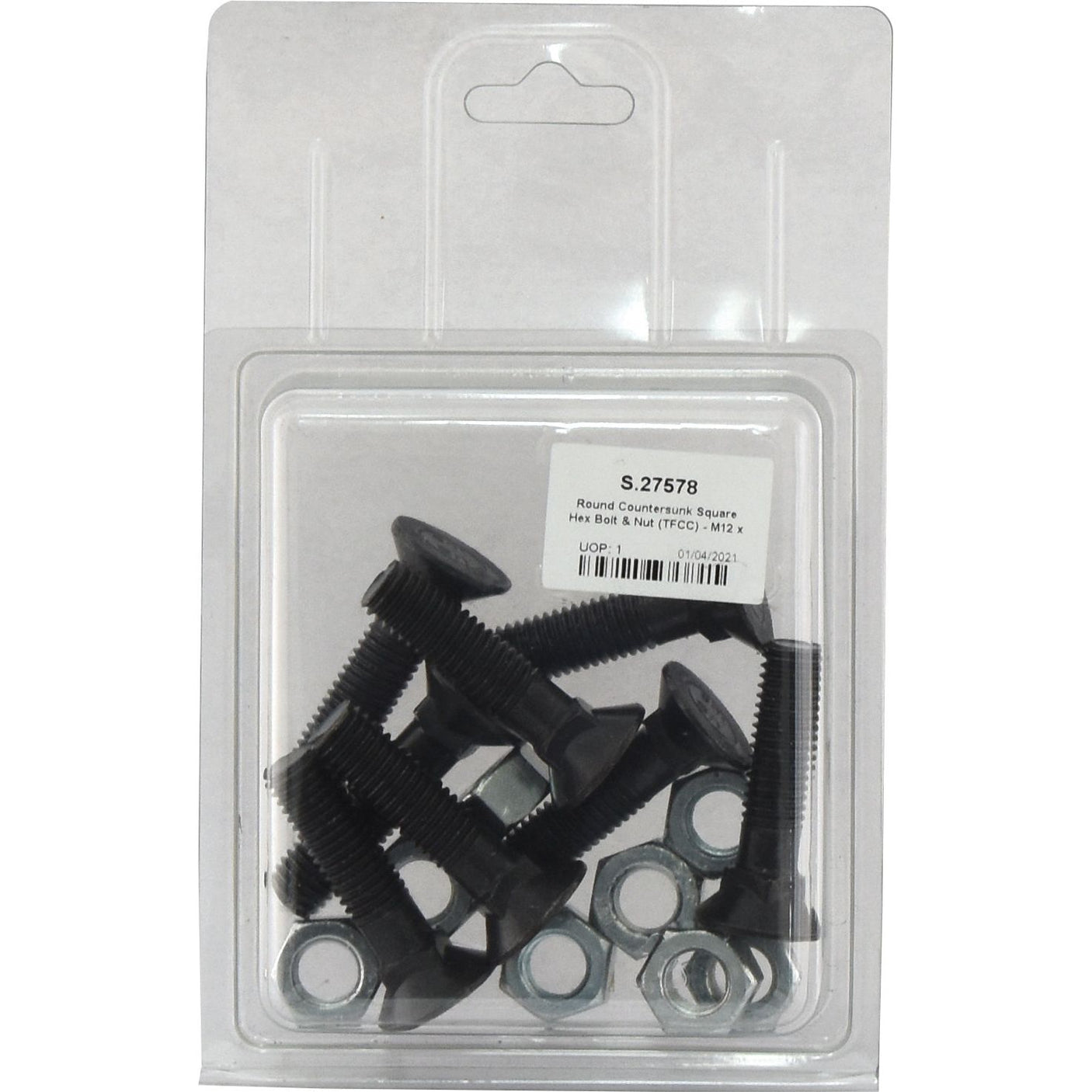 A clear plastic package containing black round countersunk square hex bolts and nuts, labeled with a white sticker showing the part number S.27578 and description "Round Countersunk Square Hex Bolt & Nut (TFCC) - M12 x 50mm, Tensile strength 8.8" from Sparex.