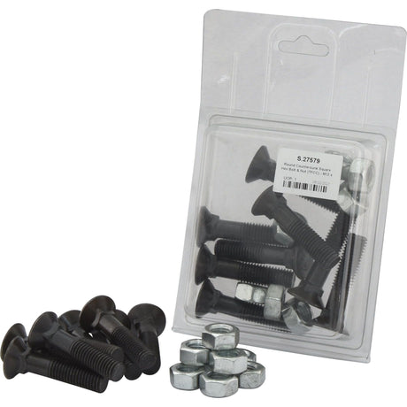 A pack of black Sparex Round Countersunk Square Hex Bolts & Nuts (TFCC) - M12 x 55mm, tensile strength 8.8, Part No. S.27579, with some pieces placed outside the packaging. The pack contains a label with specifications and includes 8 pieces in an Agripak.