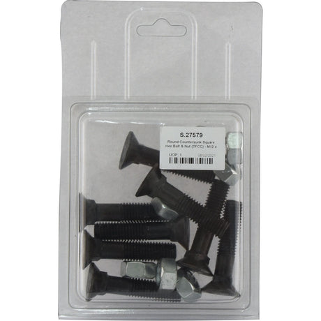 A blister pack containing eight black round countersunk square hex bolts with nuts. The transparent packaging, labeled with product code S.27579 and M12 size, ensures durability with a tensile strength of 8.8 for secure fastening solutions.