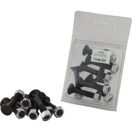 A bunch of black bolts with silver hex nuts, including Sparex's M12 x 65mm Round Countersunk Square Hex Bolt & Nut (TFCC) with a tensile strength of 8.8, and an Agripak containing 8 pieces, as well as another packet containing similar bolts and nuts.