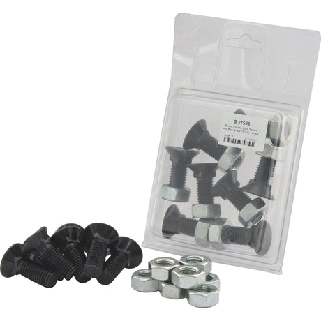 A package of Sparex Round Countersunk Square Hex Bolt & Nut (TFCC) - M14 x 40mm, Tensile strength 8.8 (8 pcs. Agripak), with additional loose bolts and nuts placed next to it on a white background.