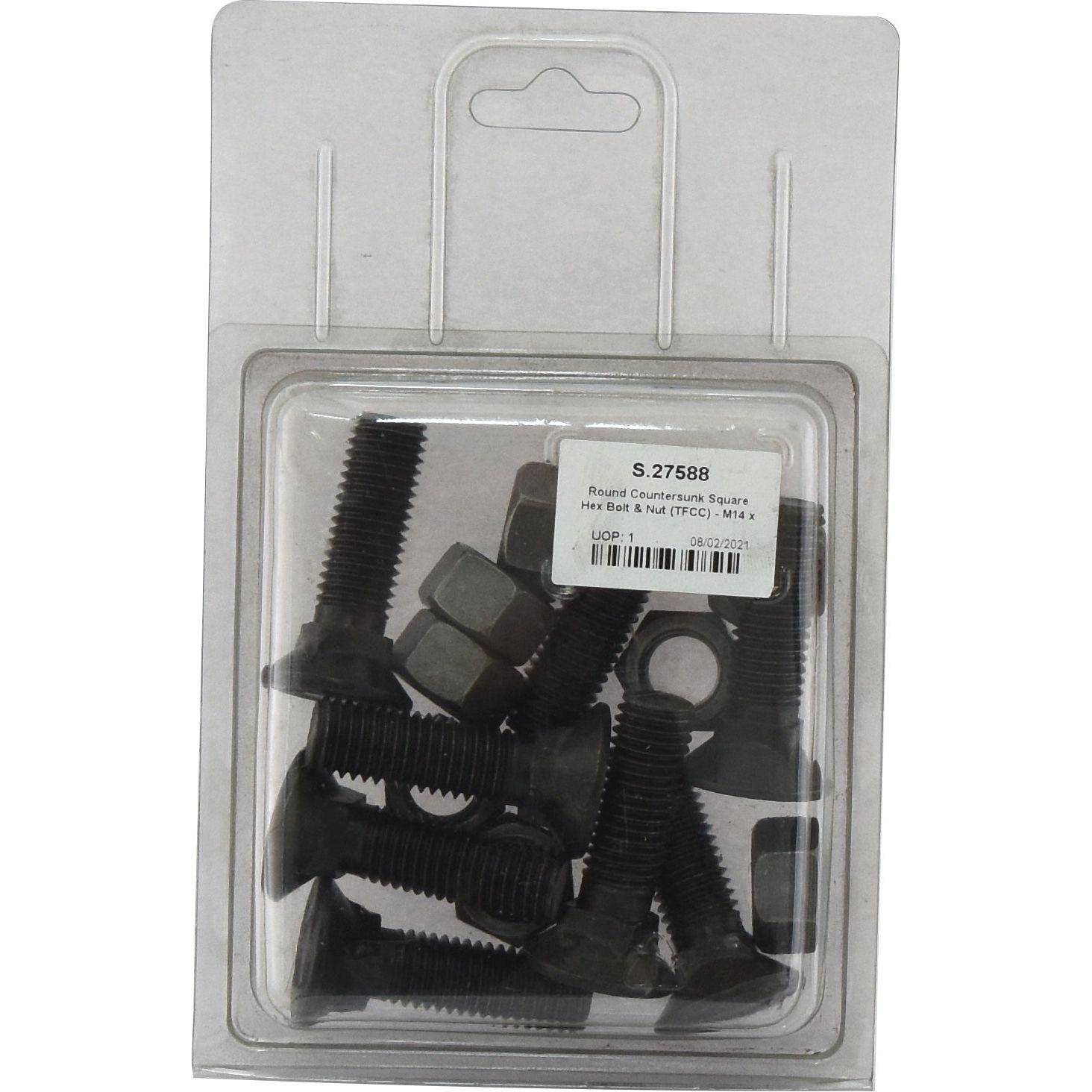 A clear plastic package containing round countersunk square hex bolts and nuts. The label reads "Sparex Round Countersunk Square Hex Bolt & Nut (TFCC) - M14 x 50mm, Tensile strength 8.8 (8 pcs. Agripak), Sparex Part No.S.27588, Packed by DK 02062021.