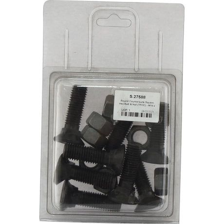 A clear plastic package containing round countersunk square hex bolts and nuts. The label reads "Sparex Round Countersunk Square Hex Bolt & Nut (TFCC) - M14 x 50mm, Tensile strength 8.8 (8 pcs. Agripak), Sparex Part No.S.27588, Packed by DK 02062021.