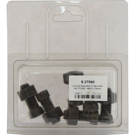 A pack of black conical head bolts and nuts in a clear plastic clamshell packaging with a label that reads "Sparex, Conical Head Bolt 2 Flats With Nut (TC2M) - M12x34mm, Tensile strength 12.9 (6 pcs. Agripak) | Sparex Part No.S.27590.