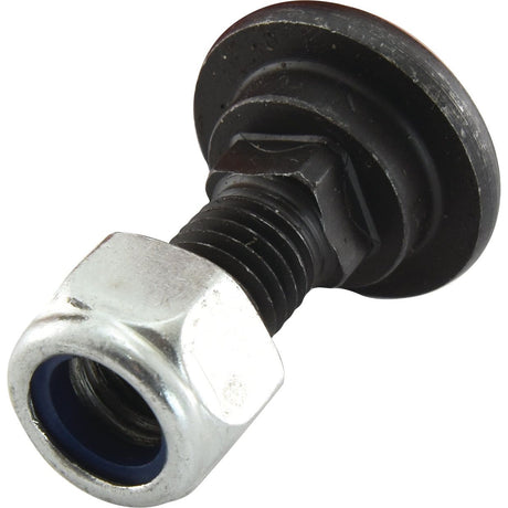 Close-up image of a Mower Blade Retainer - M12x35mm, showing a metal bolt with a hex nut and washer. The bolt, part of the 8-piece Agripak replacement set for Taarup (Sparex Part No. S.27591), features a black threaded shaft, while the silver hex nut includes a blue nylon insert. The head diameter of the bolt is precisely engineered by Sparex for optimal fitting.