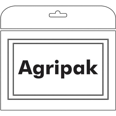 Outline drawing of a sealed packaging labeled "Agripak," featuring a hole for hanging at the top. Includes 28mm labeling for Sparex compatibility with Mower Blade Retainer- M10 x 1.50 (Replacement for Kuhn, Kidd, Vicon) - Sparex Part No.S.27594 (8 pcs).