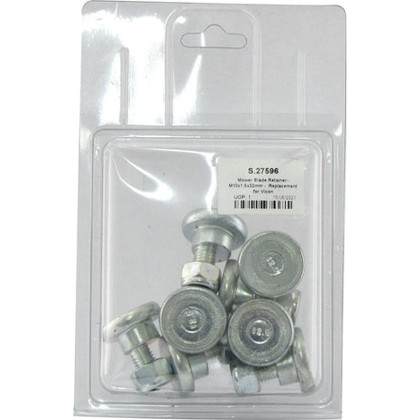 A clear plastic package containing several silver bolts and nuts with a labeled tag at the top displaying product details, including the Sparex brand and specifications for Mower Blade Retainer- M10 x 1.50x32mm - Replacement for Vicon (8 pcs.) | Sparex Part No.S.27596.