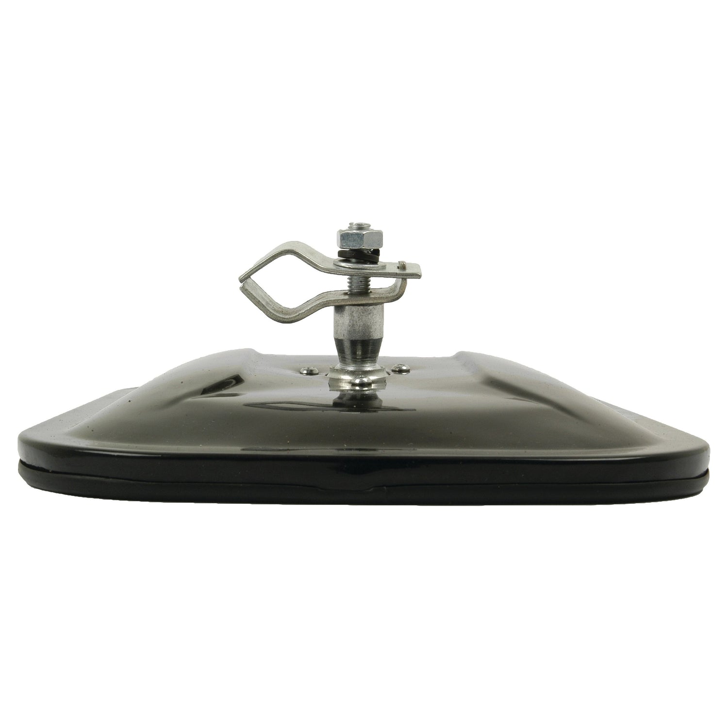 A low-angle view of the Sparex Mirror Head (Rectangular, Flat, 260 x 185mm, RH & LH - S.27622), showcasing its black, square-shaped metal base with a central adjustable silver screw and Centre Clamp mechanism.