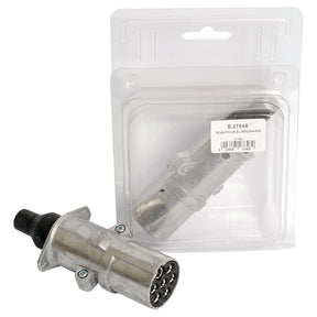 Photograph of a 7 Pin Trailer Plug (24V, Aluminium) by Agripak, with one plug outside and another inside transparent plastic packaging. The packaging label reads "S.27648 Plug 7-pin Aluminium Pak" by Sparex.