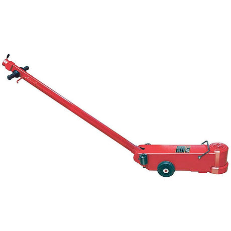 A Sparex Pneumatic Trolley Jack 50T - S.27652 in red is equipped with a 58cm long handle and features two small wheels at the base for easy mobility.