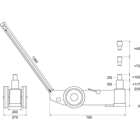 Technical line drawing of a Sparex Pneumatic Trolley Jack 50T - S.27652, with dimensions labeled in millimeters and an operational height of 58 cm.