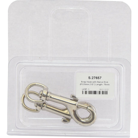 A 75mm (3'') nickel-plated snap hook with a swivel end, with product code S.27657 from Sparex, is enclosed in an Agripak plastic packaging.