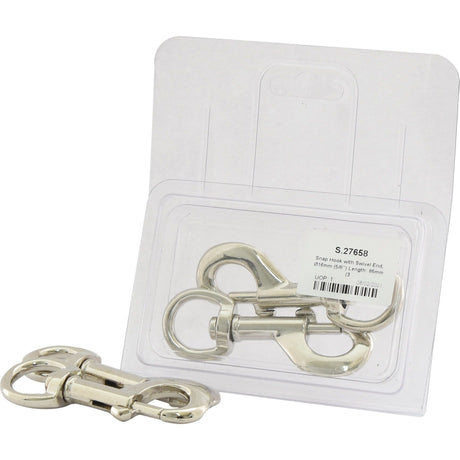 Two Snap Hooks with Swivel Ends, measuring Ø16mm (5/8'') in diameter and 85mm (3 3/8'') in length, are packaged in a clear plastic case labeled "Sparex Part No. S.27658." The case is mounted on a white cardboard backing, branded by Sparex.