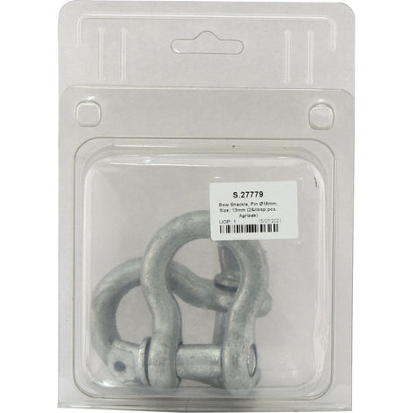 A plastic package containing two Drop Forged Bow Shackles with a 16mm pin diameter. The label on the packaging displays Sparex Part No. S.27779, Size: 13mm, and a quantity of 2 pieces from Sparex's line of durable hardware.